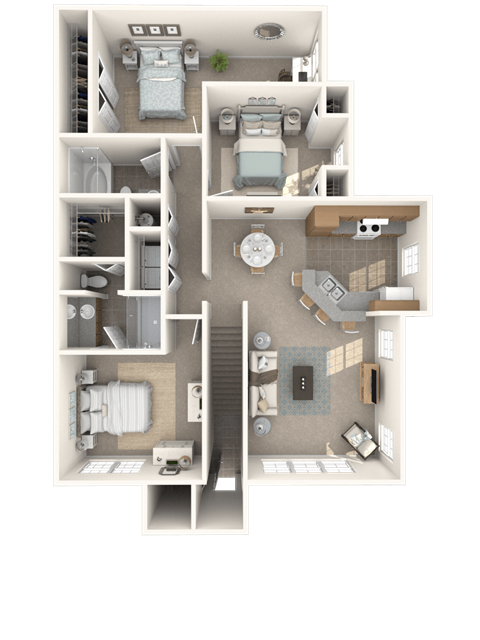 Floor plan for 3 beds, 2 baths, 1317 sqft